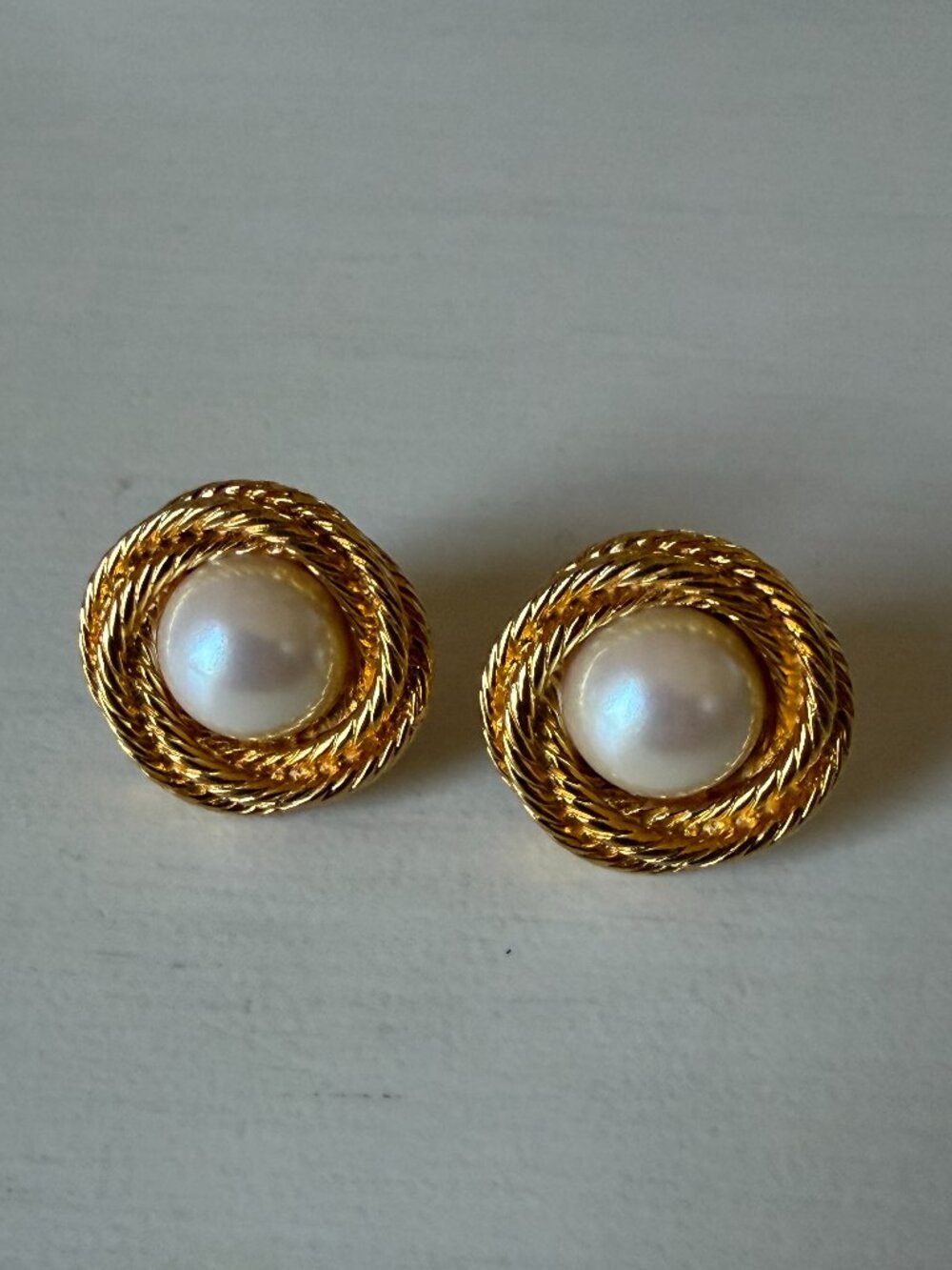 Vintage Faux Pearl Gold Tone Rope Clip On Statement Earrings